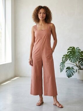 UNIQLO Terracotta Linen Blend Wide Leg Jumpsuit Square Neck Minimalist Small